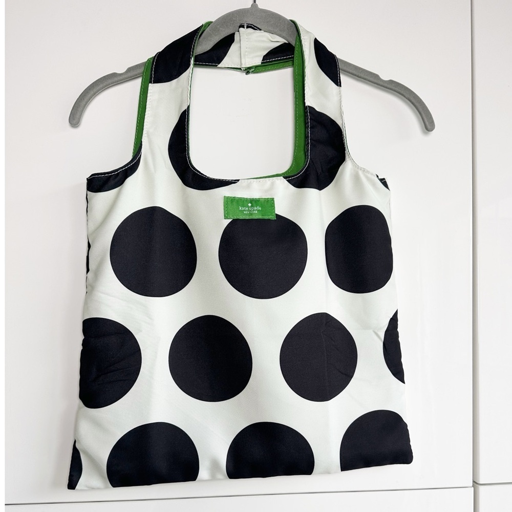 Kate Spade Fabric Tote Bag Reversible White Black Polka Dot Kelly Green Preppy